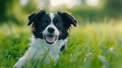 Fototapeta premium Happy black and white dog lies in the green grass outdoors, looking directly at the camera with mouth open.