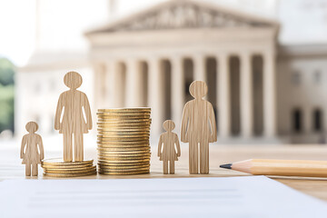 Plakat Family financial planning with money, figures, pencil, and form to represent wealth management and inheritance or tax planning against courthouse backdrop.