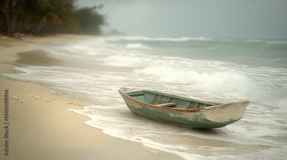 Aufkleber small boat is sitting on the beach, with the ocean waves crashing in the background. the scene is pe