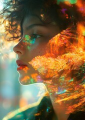 Captivating Portrait of a Woman With Vibrant Colors Reflecting on Her Face, Showcasing Nature's Beauty in an Artistic Play of Light and Shadows