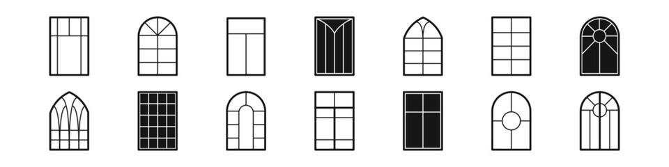 Collection of minimalist black and white window icons in various shapes including arched, rectangular, and gothic styles for architectural designs.