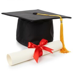 Graduation cap and diploma with bow isolated on white background