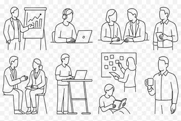 Modern Office Workers in Daily Activities – Minimalist Line Art Set