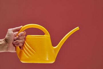 Hand gripping yellow watering can, positioned before vivid red background, highlighting gardening care and plant nurturing