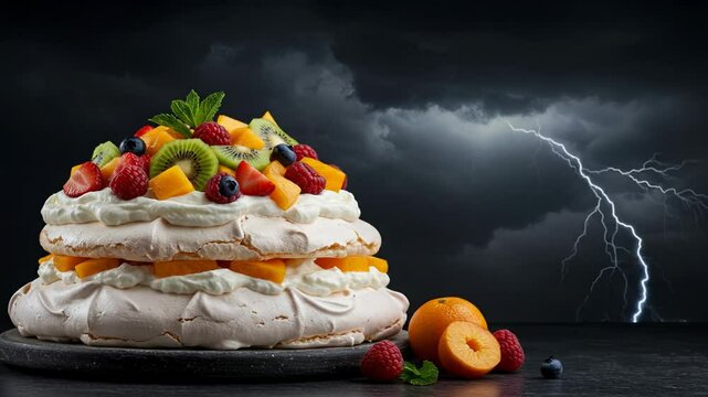 Delicious australian pavlova cake topped with fresh fruits against a stormy lightning sky