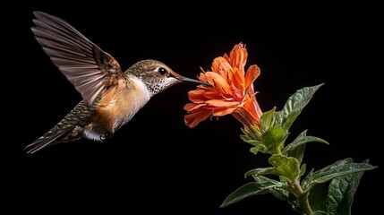 Fototapeta premium Hummingbird feeds from an orange flower with black background, wings outstretched, showing intricate feather details.