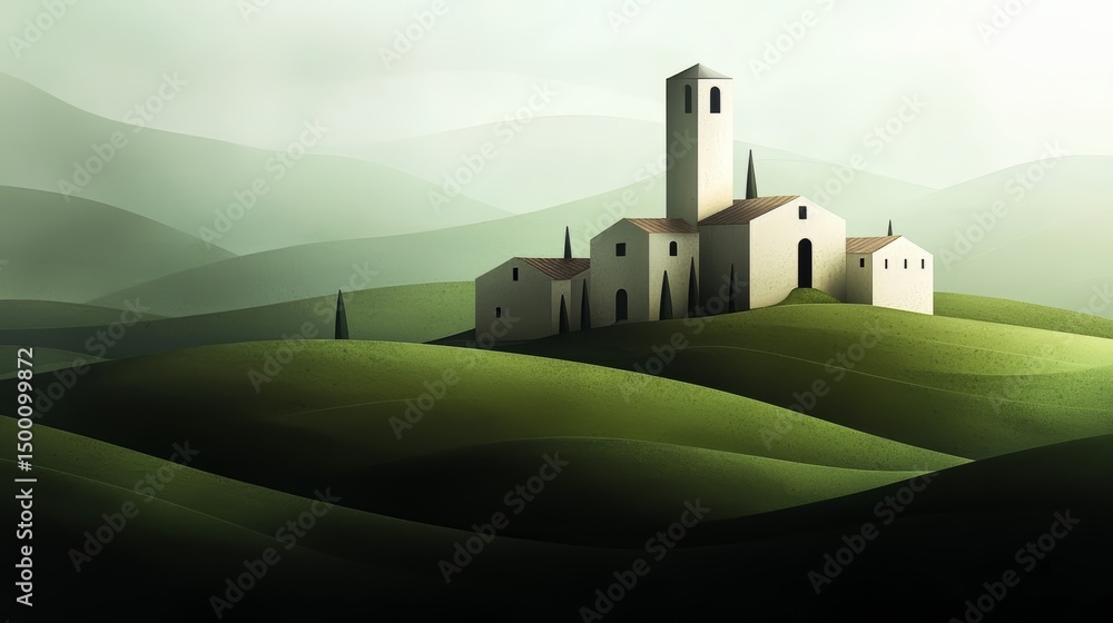Aufkleber small white building sits on a hillside in a green field. the building is surrounded by trees and he