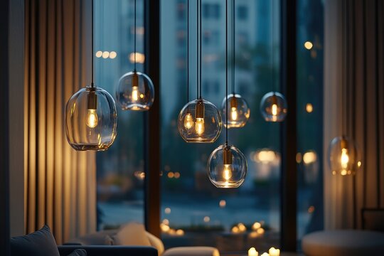 Warm, glowing pendant lights hang over a modern room