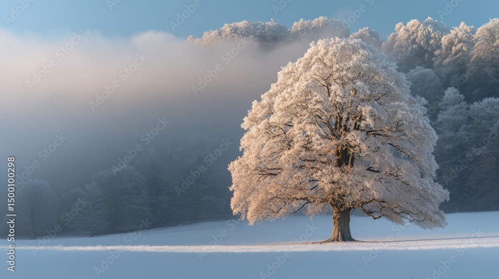 Poster snow covered tree stands alone in a field. the sky is cloudy and the snow is falling