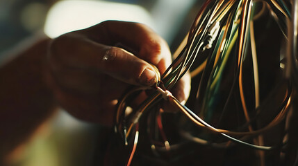 Close-Up of Hands Working with Multicolored Wires