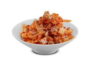 Traditional Korean kimchi served in a white ceramic bowl, featuring spicy napa cabbage with sesame seeds, isolated on transparent background

