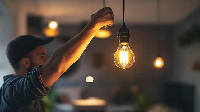 Man Replacing a Light Bulb in a Dimly Lit Room - Powered by Adobe