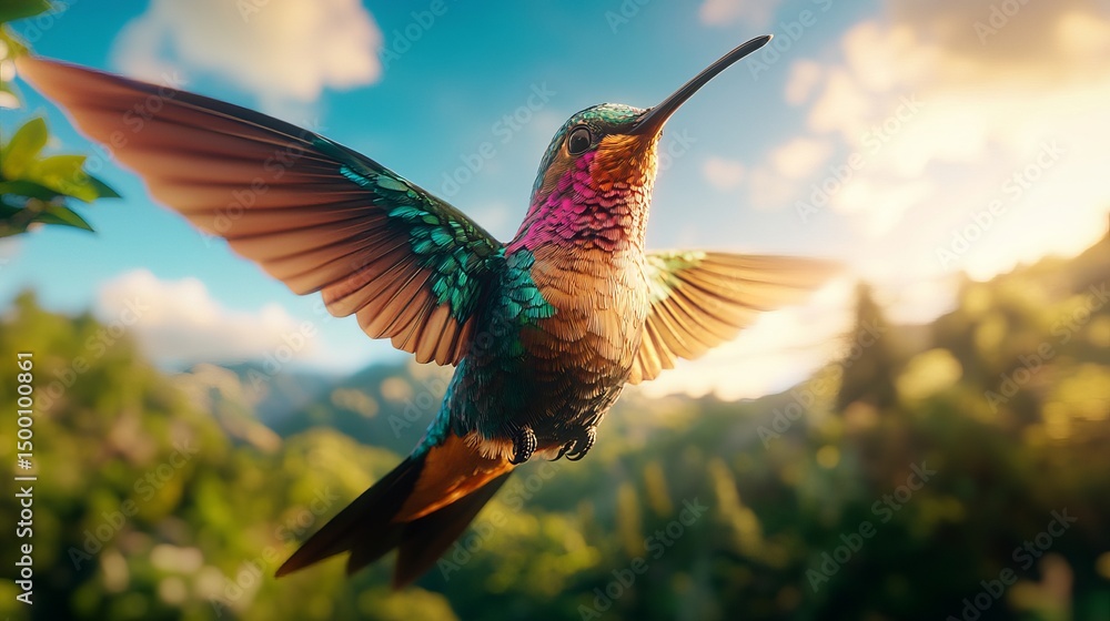 Poster hummingbird soars with its wings extended against a background of blurred greenery and a partly clou