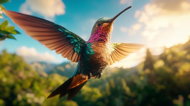 Hummingbird soars with its wings extended against a background of blurred greenery and a partly cloudy blue sky.