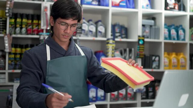 Young mechanic managing inventory and writing down air filter specifications in auto parts store