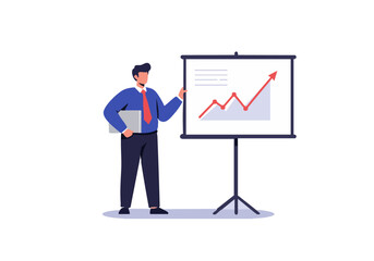 A confident businessman presents a rising graph, illustrating growth and success. Professional setting, clear visuals, ideal for business presentations.
