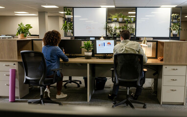 Working Diverse coworkers analyzing data on dual monitors at open-plan office, with potted plants