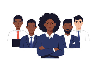 Diverse team stands confidently, showcasing strength and collaboration. Modern, professional setting with a focus on leadership and unity. Ideal for business and teamwork concepts.