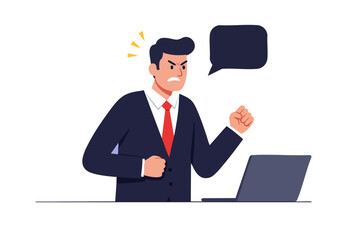 Frustrated businessman slams fist on laptop, expressing tech anger. Bold illustration style, vibrant colors, and dynamic composition. Suitable for digital marketing and tech-related content.