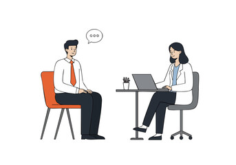 A professional man and woman engage in a reflective session, discussing ideas via laptop. Modern, clean illustration style. Suitable for business, coaching, and personal development themes.