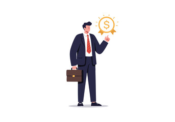 A professional man celebrates a promotion, pointing to a dollar sign with pride. Modern illustration style, bright colors, and a confident pose.