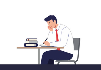 A professional man contemplates a notebook at a desk, symbolizing post-therapy reflection.  A thoughtful expression conveys introspection and potential growth.  Clean, modern illustration.