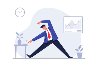 A professional man takes a stretch break in a modern office, showcasing wellness and productivity. Dynamic pose, business attire, and a growth chart backdrop.