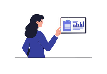 A professional woman analyzes data on a tablet, pointing to a graph. Modern, clean design with a focus on productivity and business insights. Bright, digital illustration.