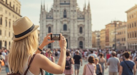 Fototapeta premium Tourist captures gothic cathedral with phone