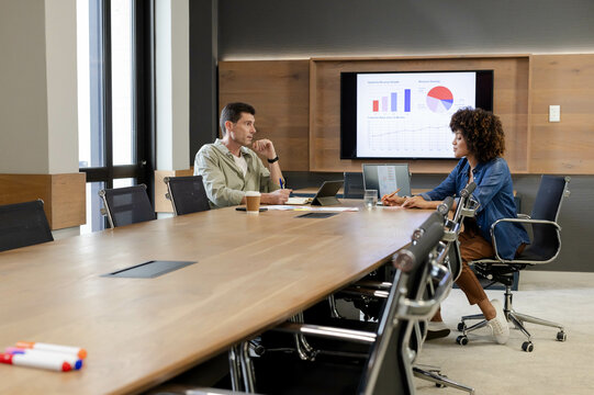 Diverse coworkers reviewing charts on display in meeting room, with laptops and coffee cup