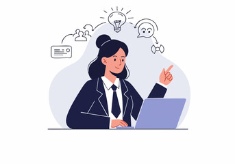 A professional woman thoughtfully points at a laptop screen, surrounded by creative icons. She?s inspired, conveying innovation and idea generation. Modern, digital concept.