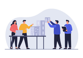 Fototapeta premium Team collaborates on architectural models, showcasing design and planning. Modern, professional setting with blueprints and a laptop. Bright, clean illustration.