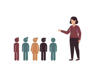 A teacher guides students through role-play, fostering engagement and learning. Clear composition, modern illustration style.