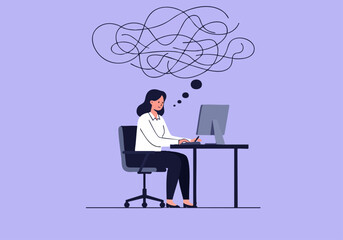 A woman sits at her computer, overwhelmed by tangled thoughts. A modern workspace reflects a stressed mind.  Illustrative style.