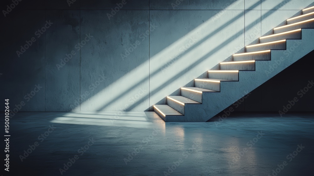 Poster Staircase is lit by the sun shining through a window. The light casts shadows on the steps, creating a sense of depth and dimension. The staircase is made of concrete and he is empty