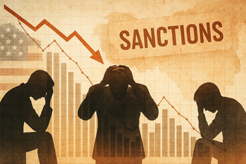 An illustration depicting the impact of economic sanctions, showcasing distressed individuals in silhouette against a backdrop of declining graphs and the word 'SANCTIONS.'