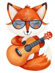 Charming anthropomorphized fox playing guitar in a vibrant, naive art style