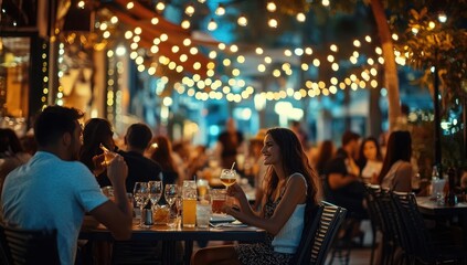 Outdoor restaurant scene at night, lit by string lights. People enjoying drinks and food