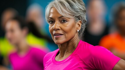 Obraz premium Mature woman wearing a bright pink shirt is exercising with others in an indoor setting.