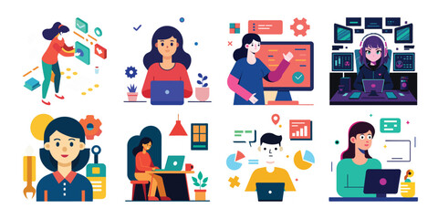 Modern Flat Vector Illustrations of Women and Men in Technology, Remote Work, and Data Environments
