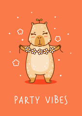 Cute сartoon capybara with floral decor on red background - funny animal for Your happy summer greeting card design