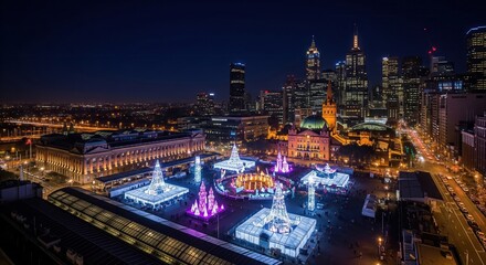 Obraz premium An aerial view of Christmas decorations and lighting in Federation Square, Melbourne, Australia, showcasing the city skyline at night, creating a festive atmosphere in the urban landscape .