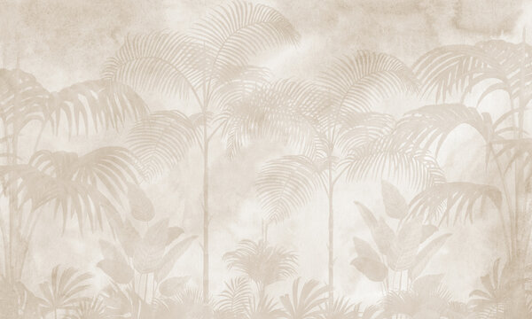Fototapeta Soft Beige Tropical Palm Trees Illustration, Elegant Neutral Botanical Landscape Wallpaper 