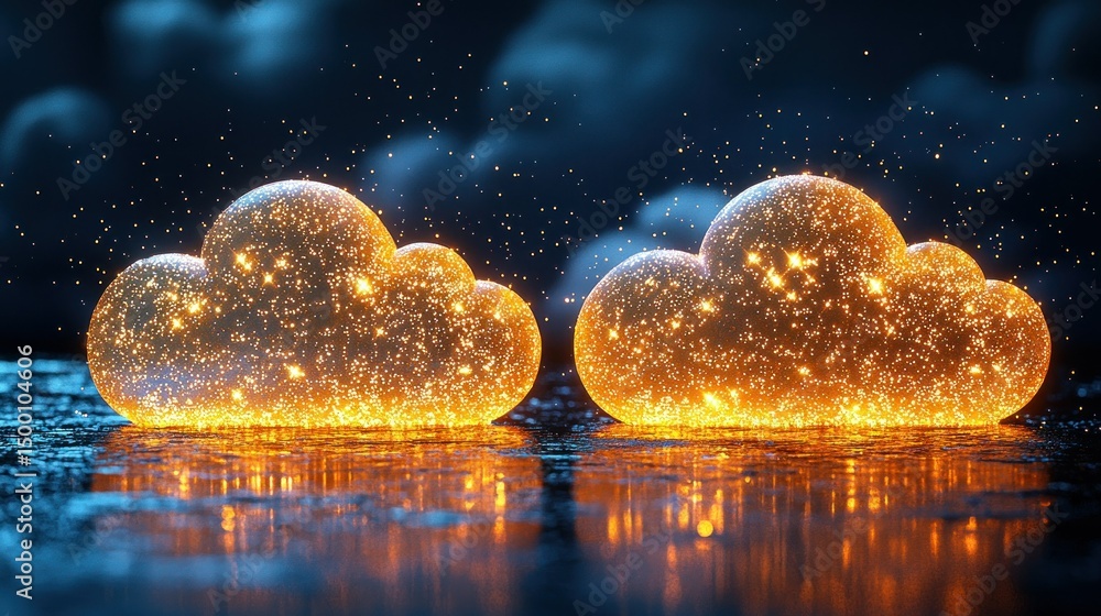 Wall mural glowing cloud shapes with particle light reflected on wet surface