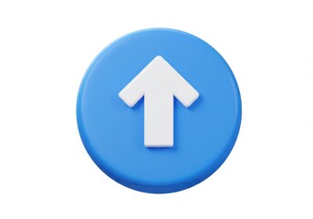 3D Illustration of White arrow pointing up on blue circle isolated on white background