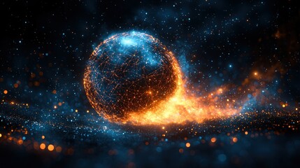 Glowing orb emitting fiery particles in dark, starry space