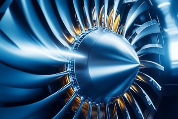 Close-up 3D illustration of a powerful jet engine turbine with detailed blades and airflow