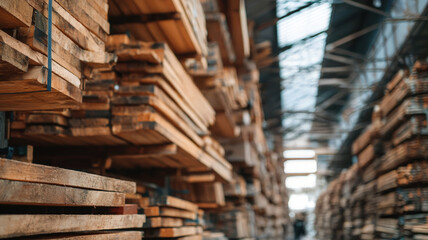 Obraz premium Industrial lumber warehouse interior with stacked wooden planks in blurred perspective view