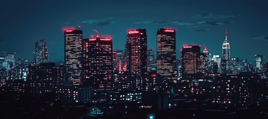 Night cityscape, illuminated skyscrapers