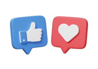 3D Illustration of Blue like and red heart icons isolated on white background